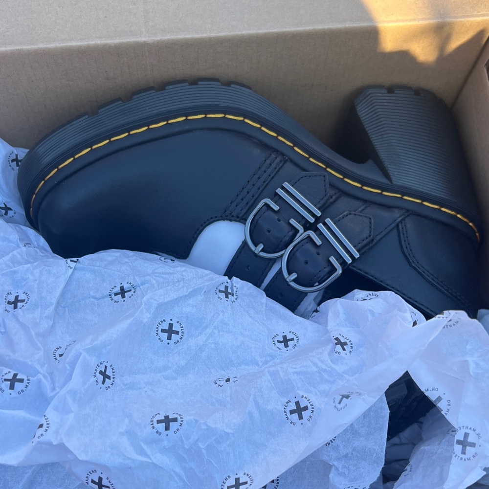 Dr. Martens, EVIE Black Platform Shoes with Buckle